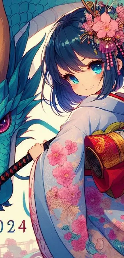 Anime girl with a blue dragon in floral kimono art.