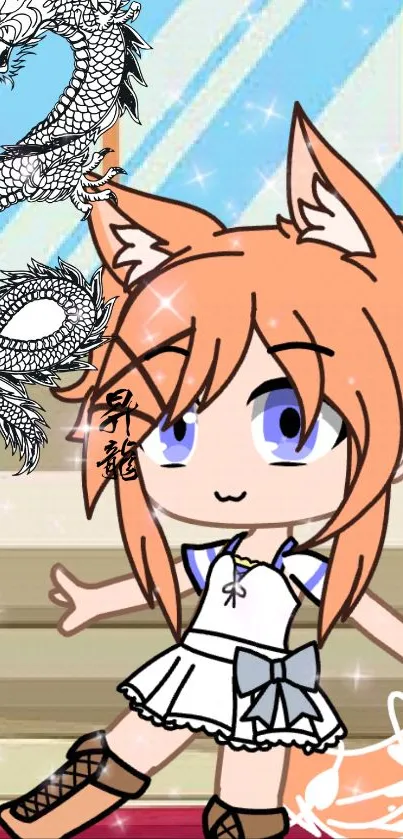 Anime fox-girl with dragon theme background.