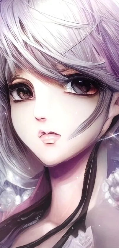 Anime girl with purple hair and expressive eyes.