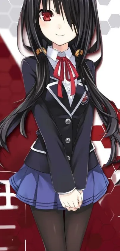 Anime girl in uniform with red accents and vibrant background.