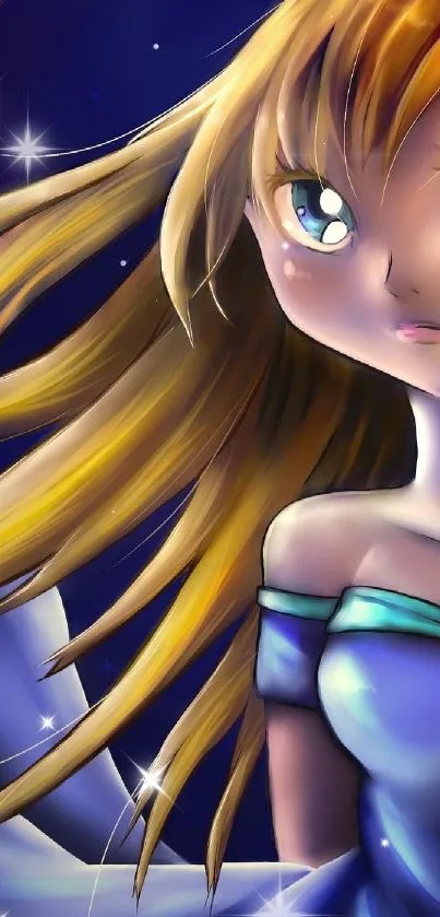 Anime girl with long hair art in blue shades.