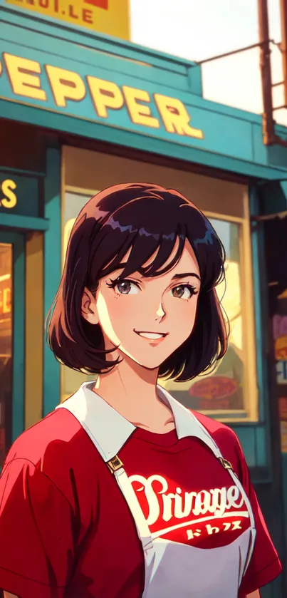 Anime girl in red shirt at retro diner.