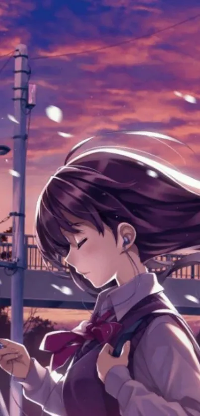 Anime girl with headphones at sunset in a peaceful urban setting.