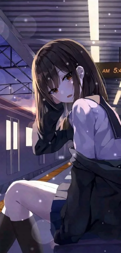 Anime girl sitting at a train station, night scene.