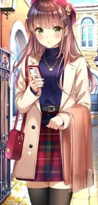 Anime girl with phone on autumn street walkway.