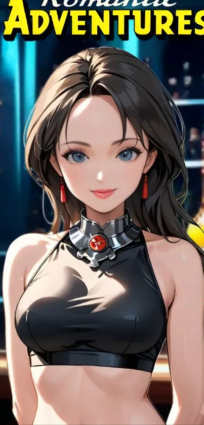 Anime girl standing in a bar background.