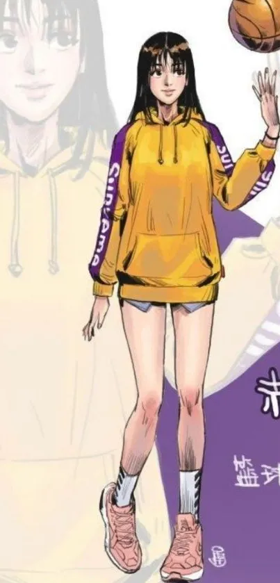 Anime girl in yellow hoodie with basketball.