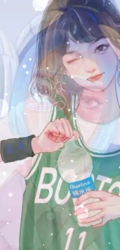 Anime girl in green basketball jersey with a playful wink.