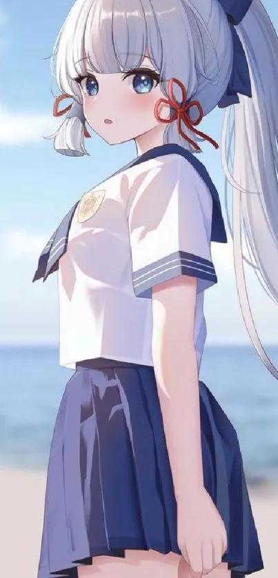 Anime girl standing by the beach in sailor uniform, perfect mobile wallpaper.