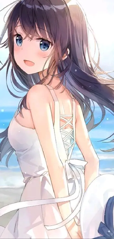 Anime girl in white dress and hat by the beach, blue sky and sea in background.