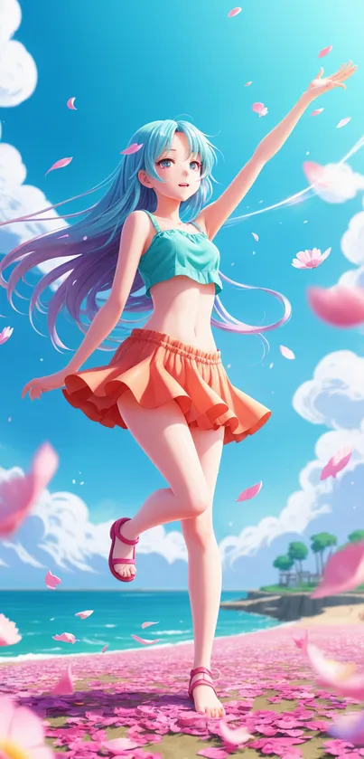 Anime girl enjoying a breezy beach day with petals floating around.