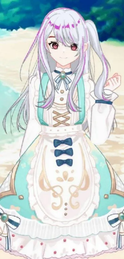 Anime girl in a fantasy dress on a beach.