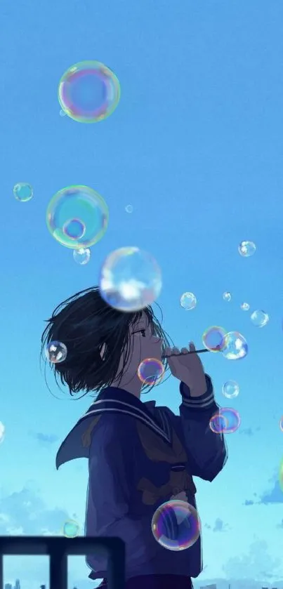 Anime girl blowing bubbles against a blue sky on mobile wallpaper.