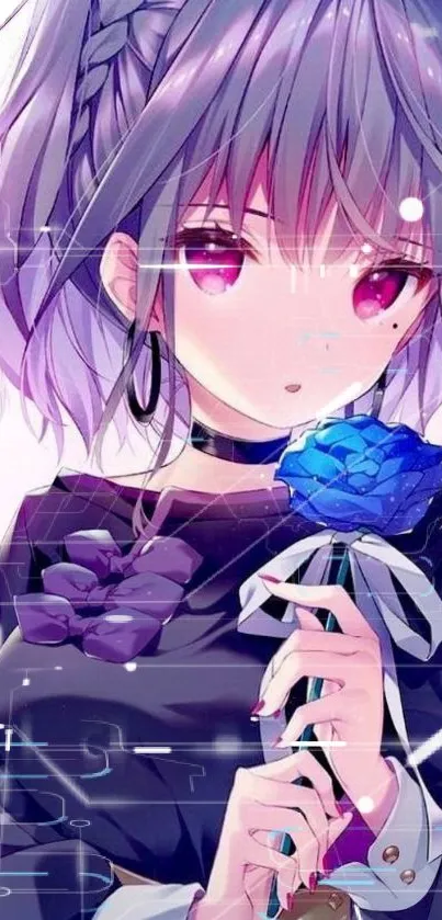 Anime girl with purple hair holding a blue rose, in a vibrant and serene design.