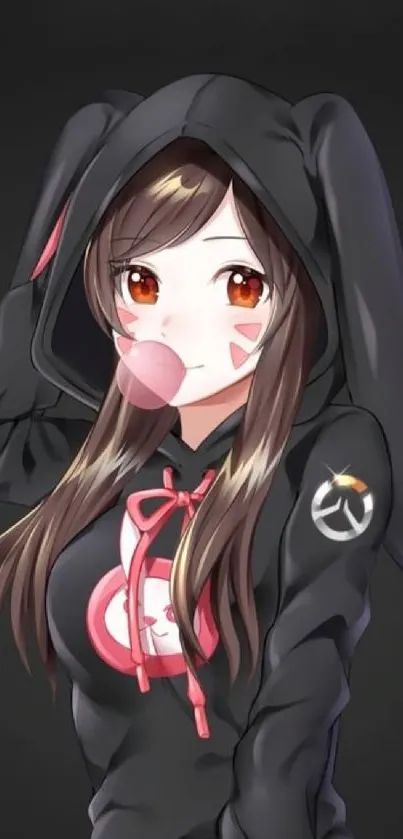 Anime girl with bunny ears blowing bubblegum.