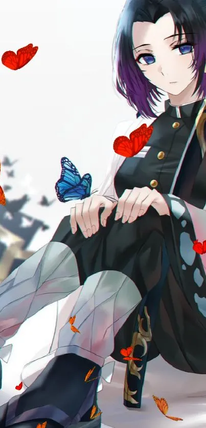 Anime girl with butterfly design, sitting with a thoughtful expression.