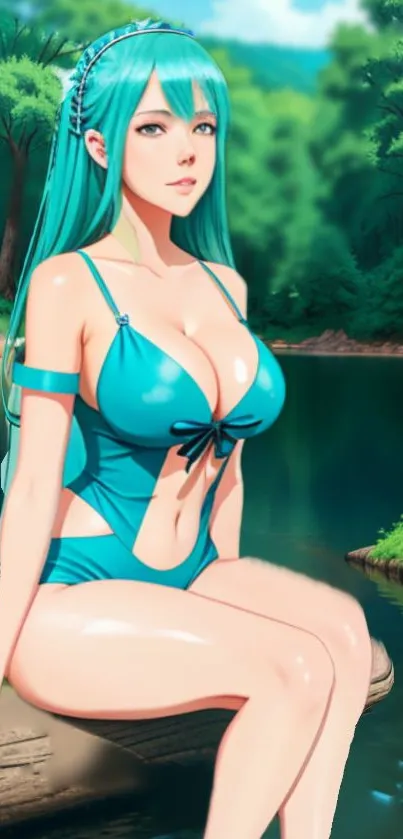 Anime girl with turquoise hair sitting by a serene lake in nature.