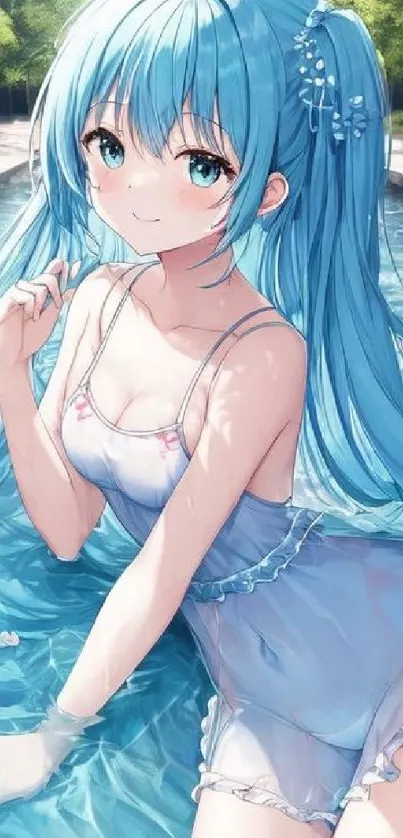 Anime girl with blue hair by a river in a serene nature setting.