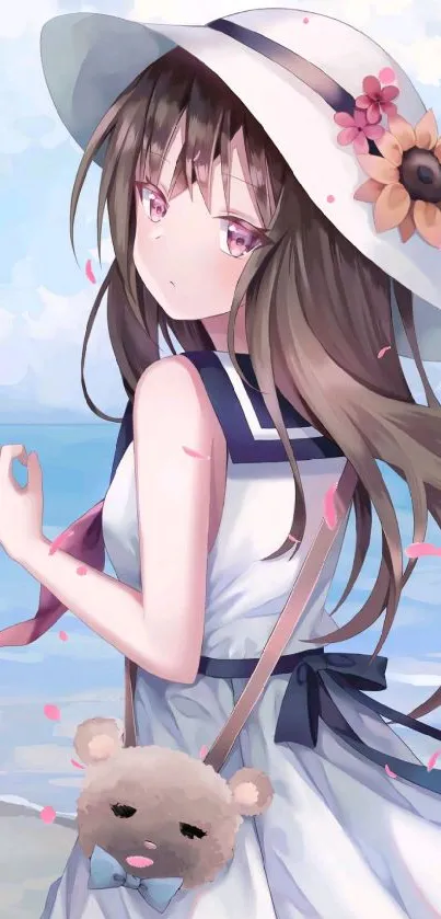 Anime girl with hat on beach with pastel colors.