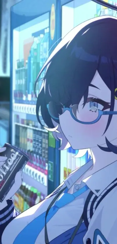 Anime girl holding coffee by a vending machine in vibrant blue tones.