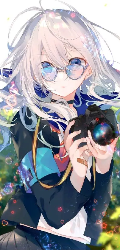 Anime girl with glasses holding a camera amidst vibrant green scenery.