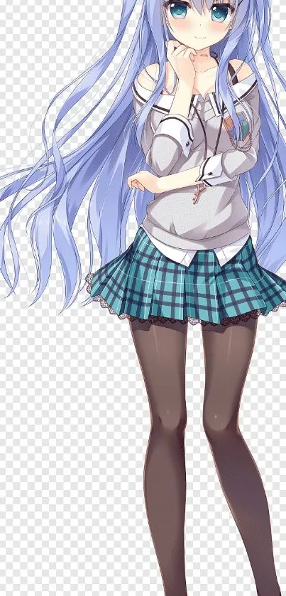 Anime girl with blue hair standing pose, stylish outfit.