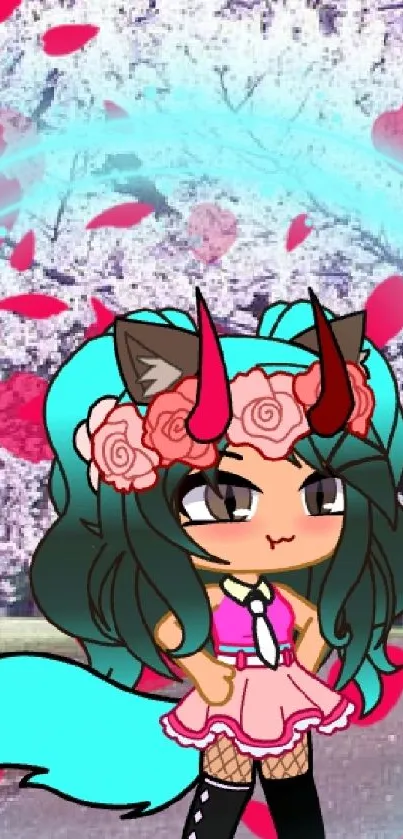 Charming anime girl with horns and flowers in cherry blossom scenery.