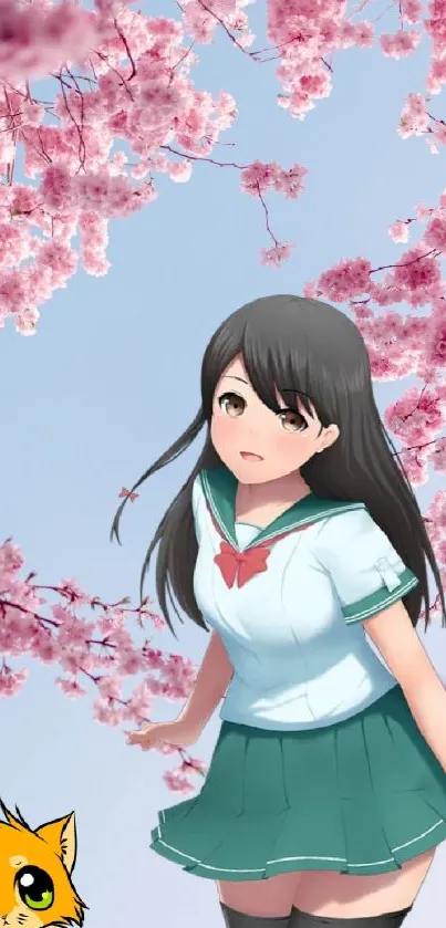 Anime schoolgirl under cherry blossoms with orange cat.