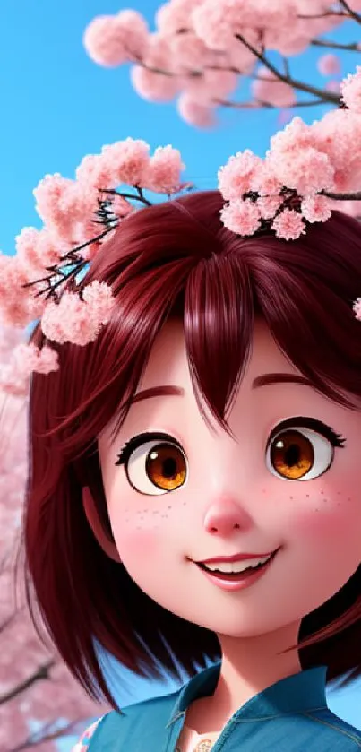 Anime girl with cherry blossoms and a blue sky background.