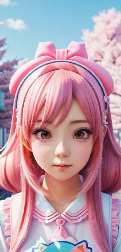 Anime girl with pink hair amidst cherry blossoms in a serene setting.