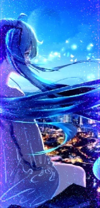 Anime girl with long hair overlooking a vibrant city at night.