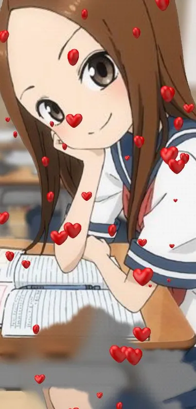 Anime girl in classroom with floating red hearts on mobile wallpaper.