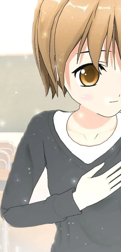 Anime girl in a cozy classroom setting wallpaper.
