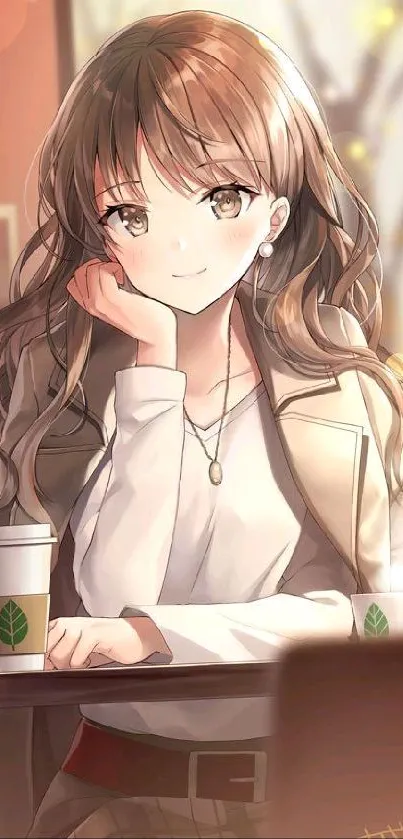 Anime girl sipping coffee in a cozy cafe, warm ambiance.