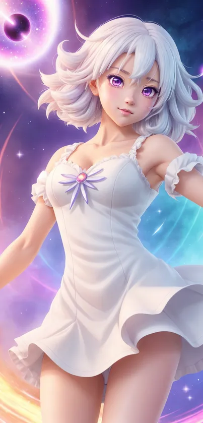 Anime girl in white dress amidst cosmic background.