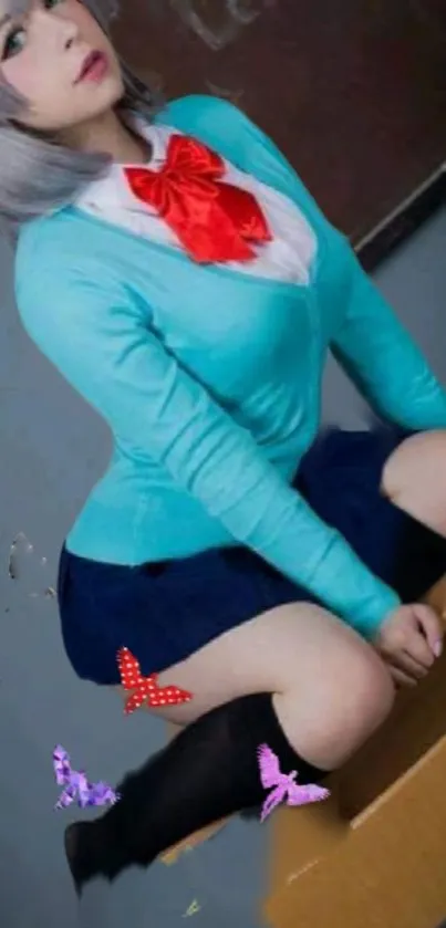 Anime girl in turquoise sweater with red bow and butterflies.