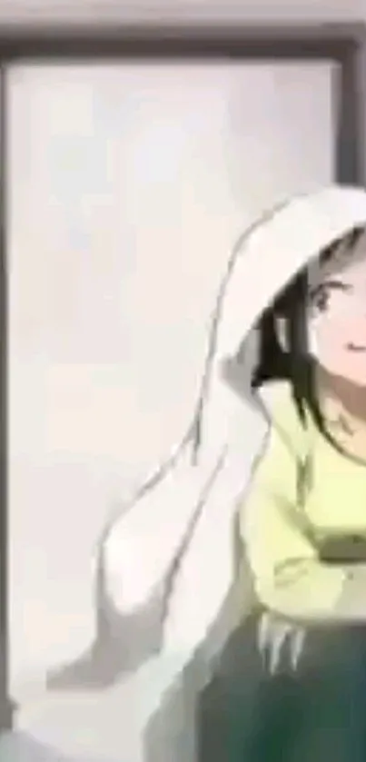 Anime girl in a cozy indoor room, wrapped in a blanket.