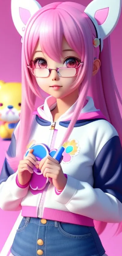 Anime girl with pink hair, glasses, and a cute bear. Perfect mobile wallpaper.