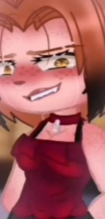 Anime girl in dark red attire, smiling with a blurred background.