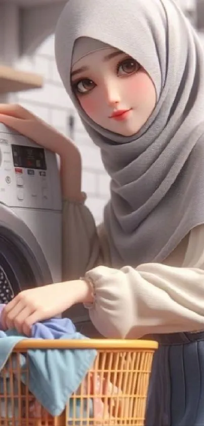 Anime-style girl doing laundry with basket in home setting.