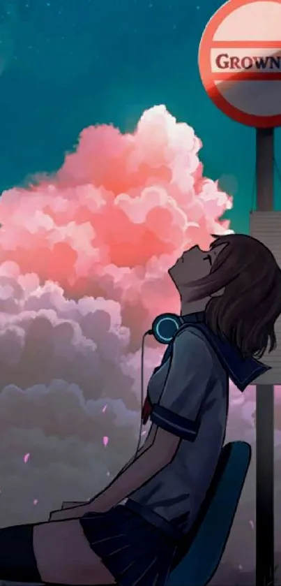 Anime girl looking up at a dreamy night sky with pink clouds.