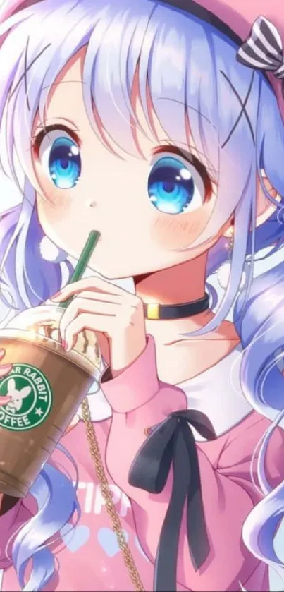 Anime girl with blue hair drinking coffee in pink outfit.