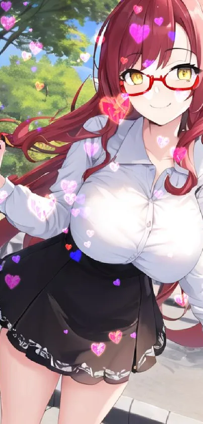 Anime girl with red hair and glasses in a fantasy outdoor setting.