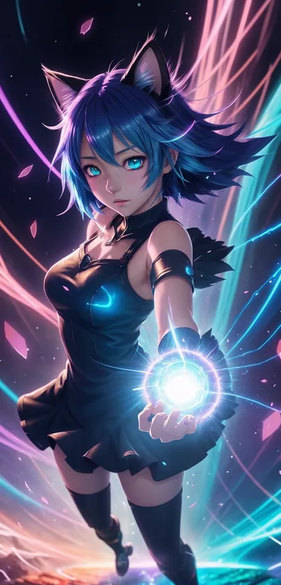 Anime girl with blue hair holding a glowing energy sphere and neon background.