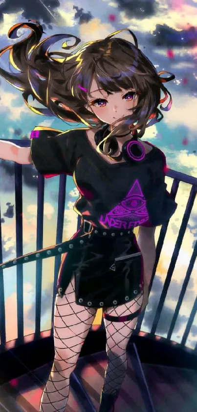 Anime girl with colorful sky and staircase, fantasy art.