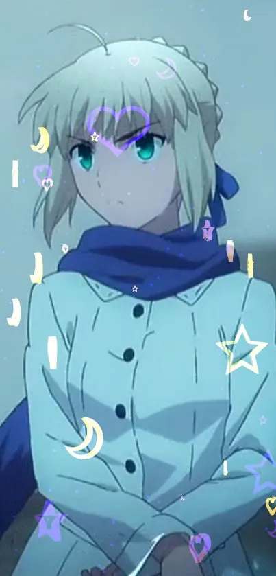 Anime girl in white coat with celestial symbols, light blue background.