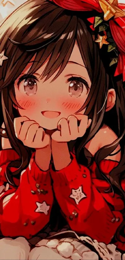 Anime girl with festive red sweater and decorations.