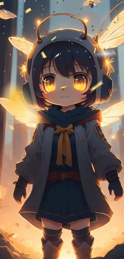 Charming anime girl with glowing firefly wings.