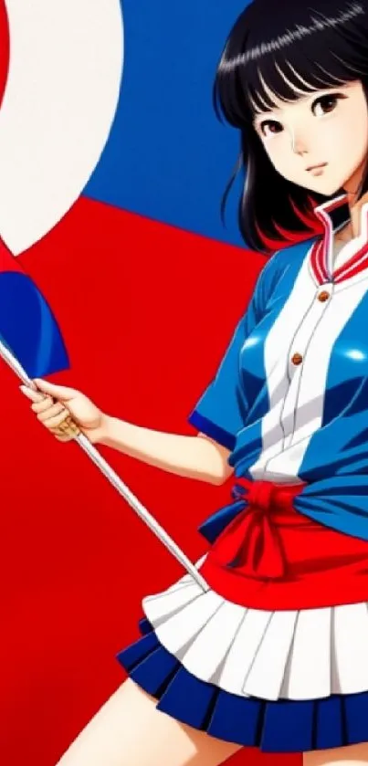 Anime girl with flag on vibrant red background.