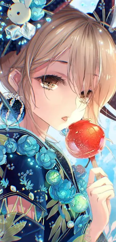 Anime girl with floral kimono and lollipop art.